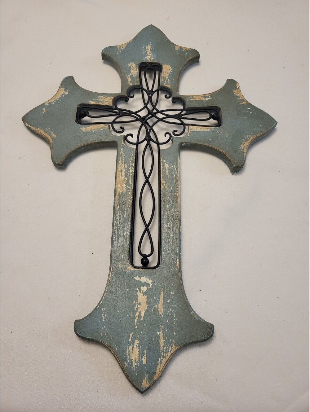 Rustic Wooden Wall Cross with Decorative Metal Inlay 20x14